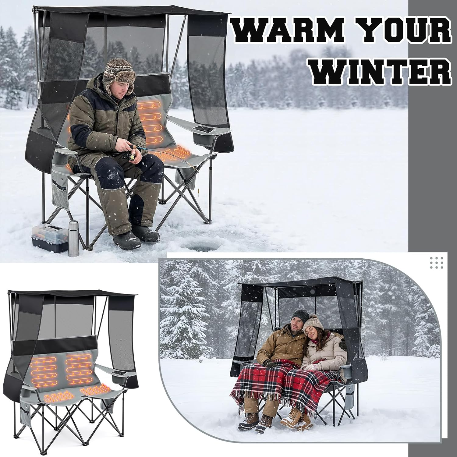Heated Camping Chair - 2-Person Double Folding Chair with Canopy 660lb Capacity & 3 Heat Settings