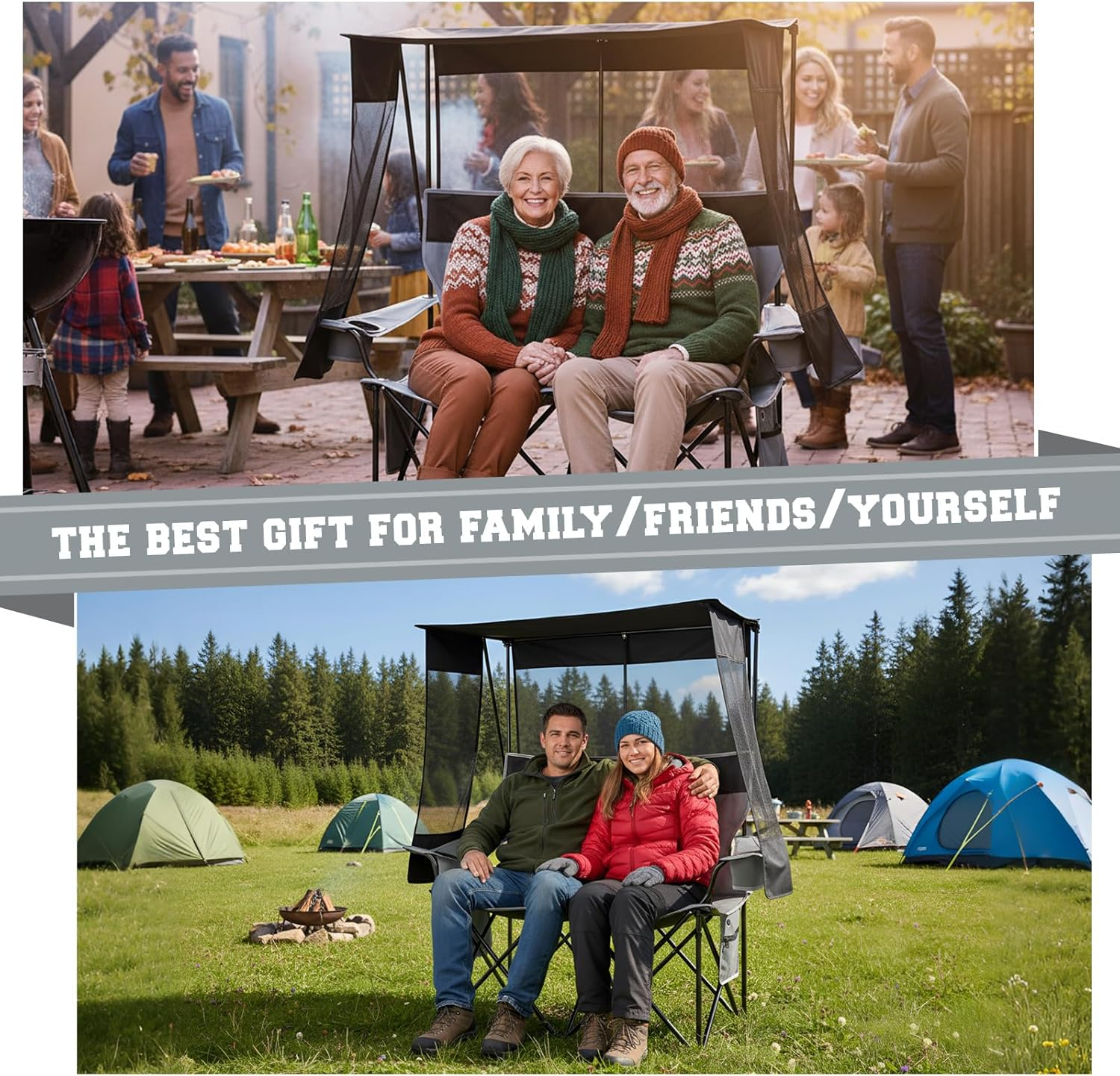 Heated Camping Chair - 2-Person Double Folding Chair with Canopy 660lb Capacity & 3 Heat Settings