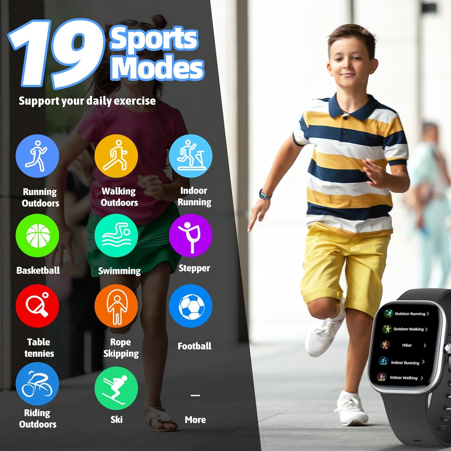 Kids Smart Watch Fitness Tracker - No Phone Needed, 19 Sport Modes, 1.5" DIY Dial, IP68 Waterproof, Sleep Monitor & Pedometer for Boys Girls Ages 6-14