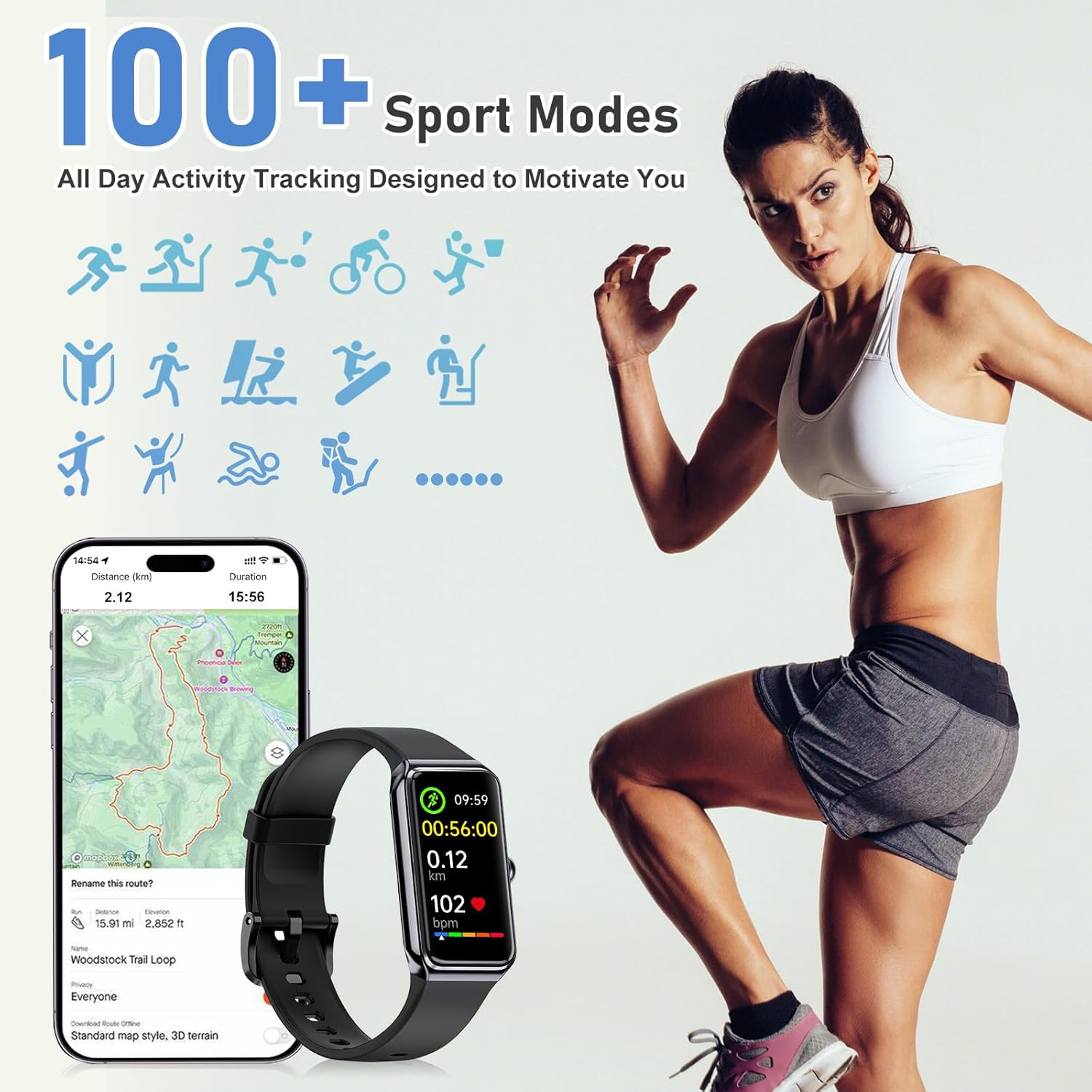 Fitness Tracker Smart Watch with 24/7 Heart Rate & Blood Pressure Monitor - 104 Sport Modes, Sleep Tracking, IP68 Waterproof Step Counter for Women & Men - Light Pink