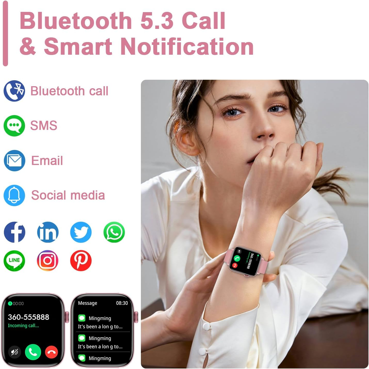 Smart Fitness Tracker Watch with Heart Rate Monitor - Activity Tracker with Pedometer, Sleep Monitor, Calorie & Step Counter, Waterproof for Women & Men - Pink