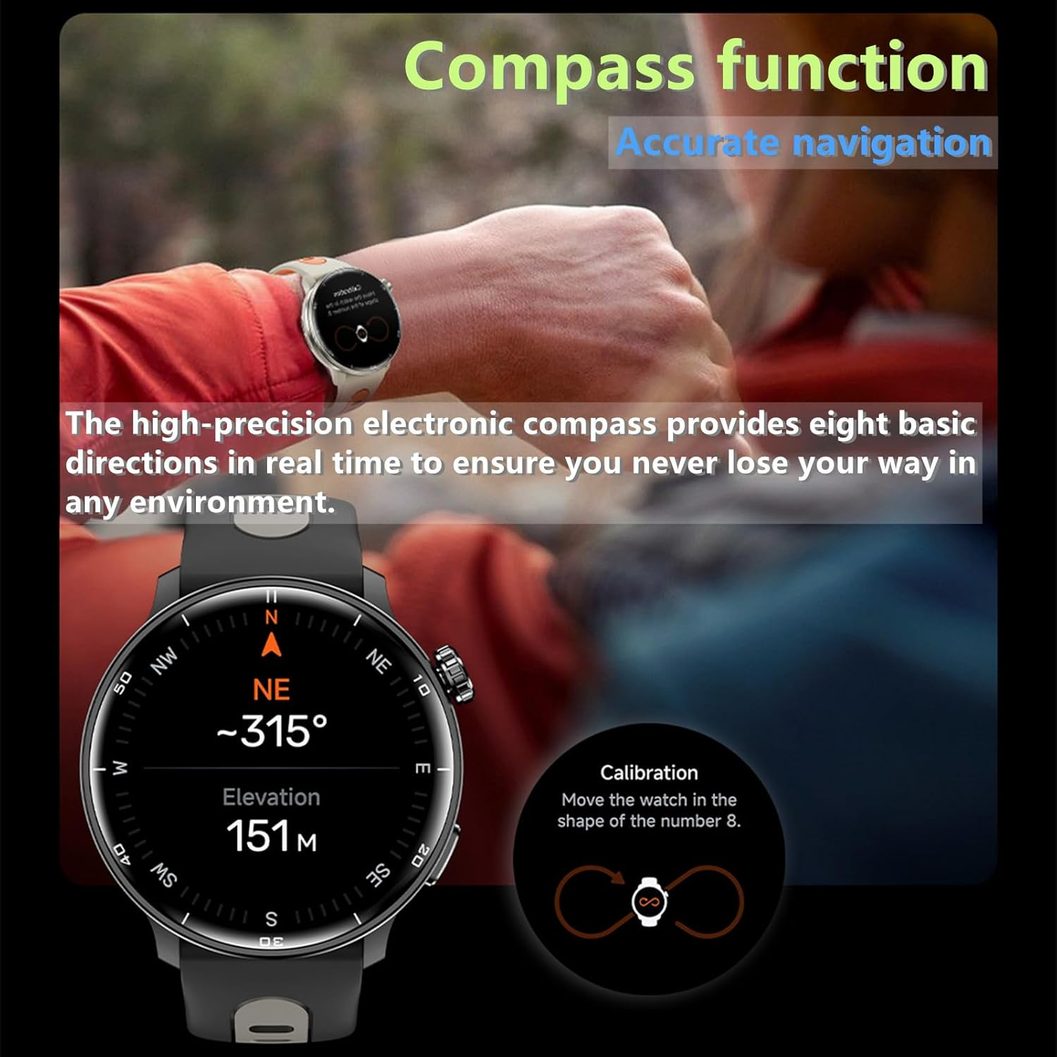 Military Smart Watch with GPS Tracker - 1.43" AMOLED Screen, Compass, Bluetooth Call Answer/Dial, Multiple Sports Modes for Android & iOS - Black