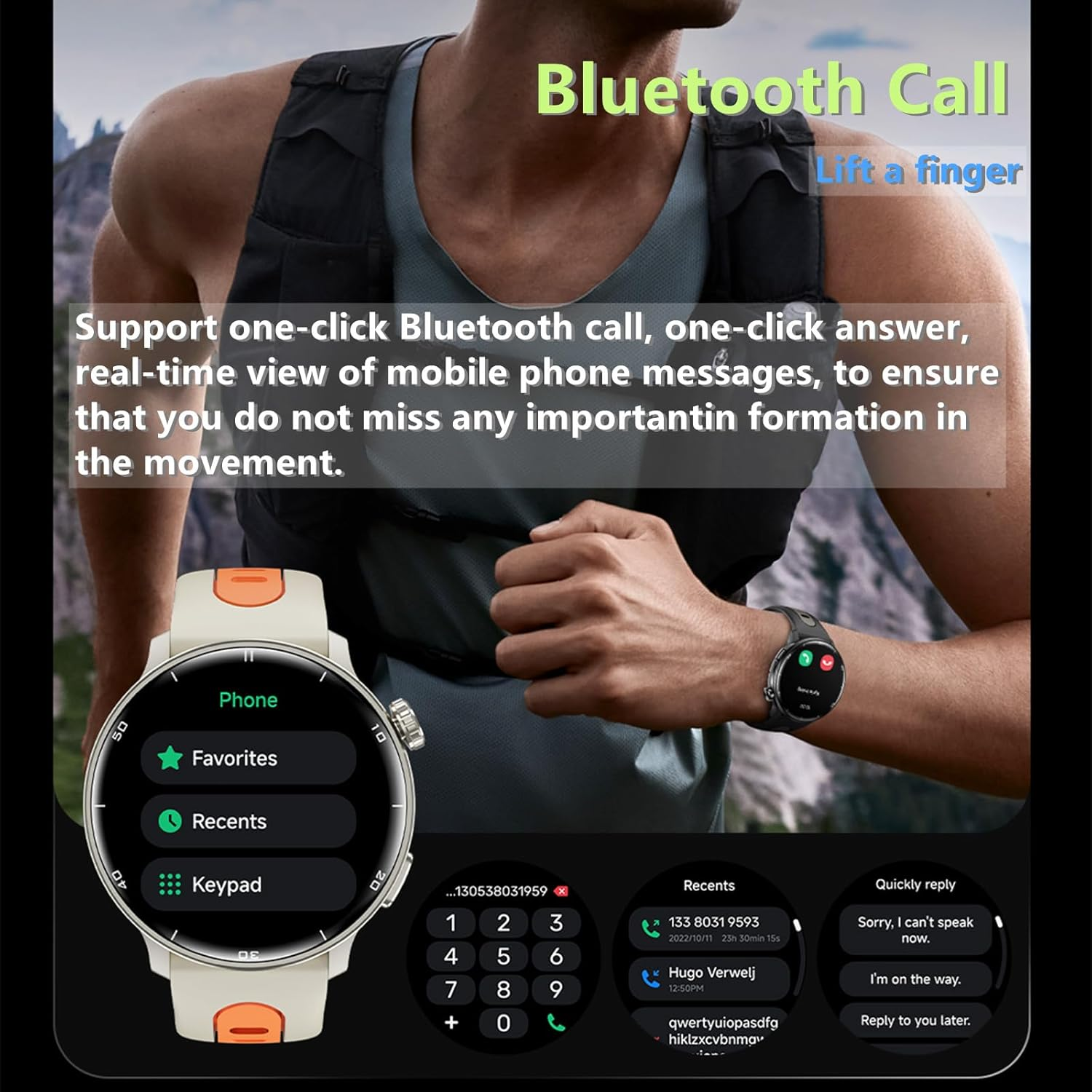 Military Smart Watch with GPS Tracker - 1.43" AMOLED Screen, Compass, Bluetooth Call Answer/Dial, Multiple Sports Modes for Android & iOS - Black