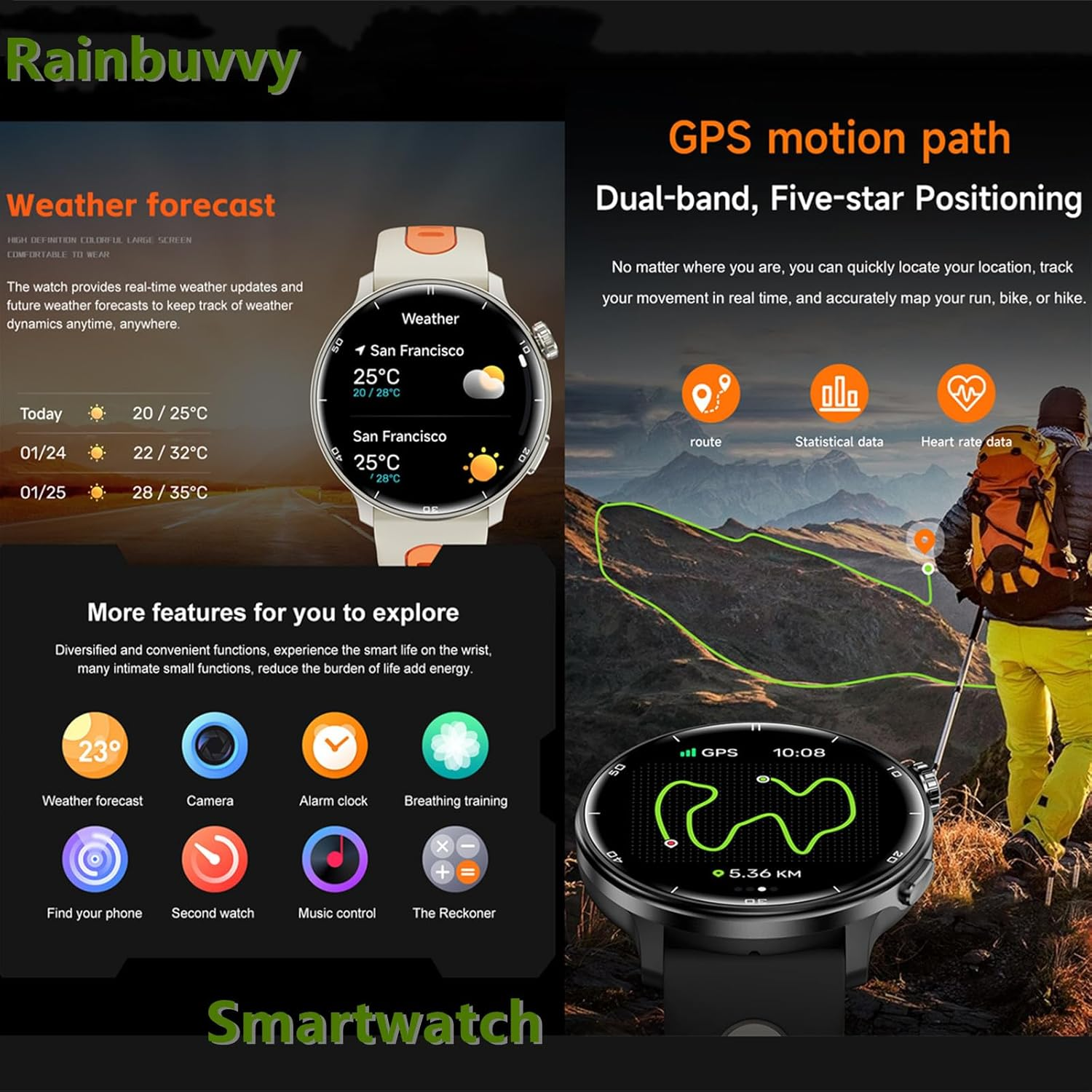 Military Smart Watch with GPS Tracker - 1.43" AMOLED Screen, Compass, Bluetooth Call Answer/Dial, Multiple Sports Modes for Android & iOS - Black