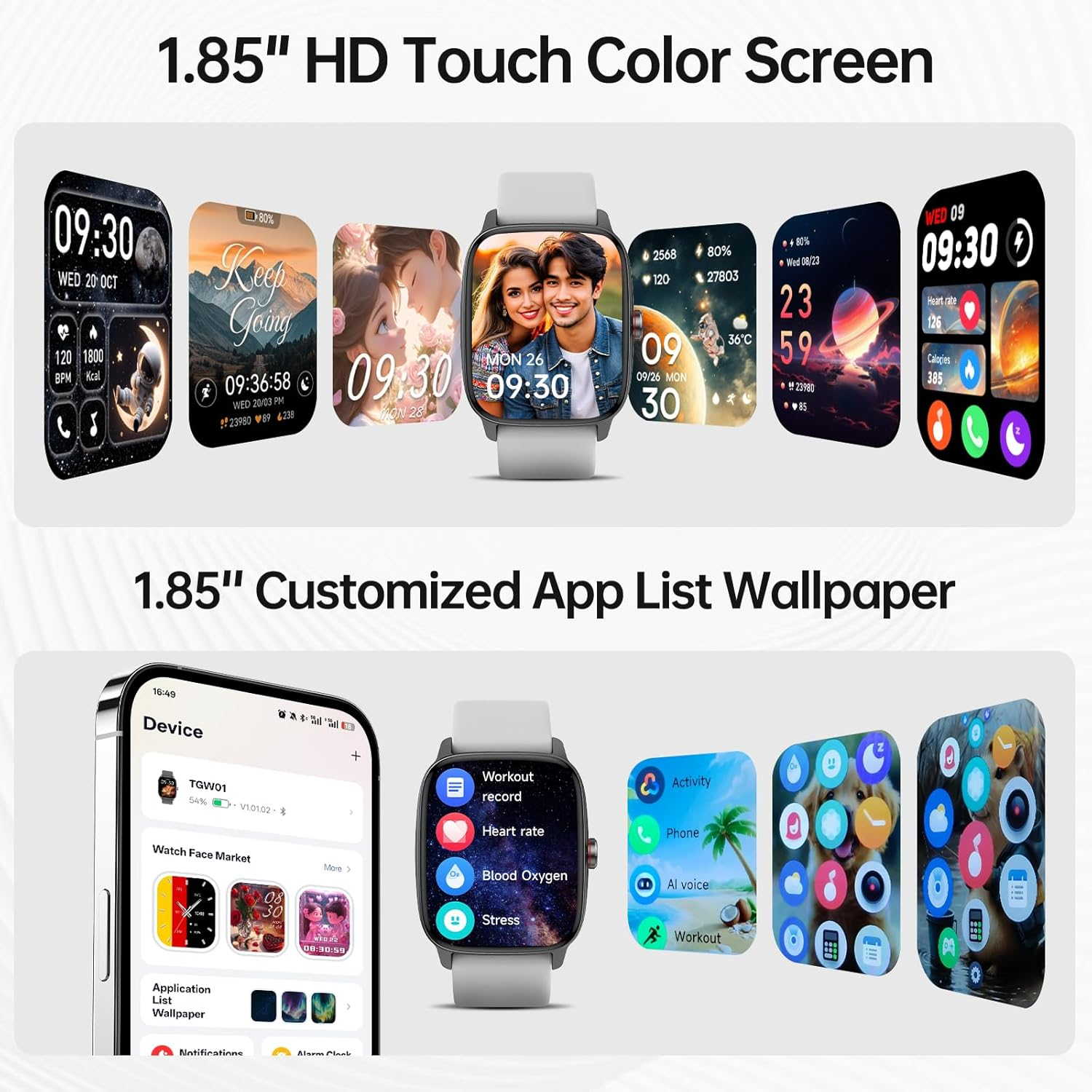 Smart Watch 1.85" HD - Bluetooth Call & AI Voice, Heart Rate SpO2 Sleep Monitor, 100+ Sports Modes, Mini Games, IP68 Waterproof for Android & iOS