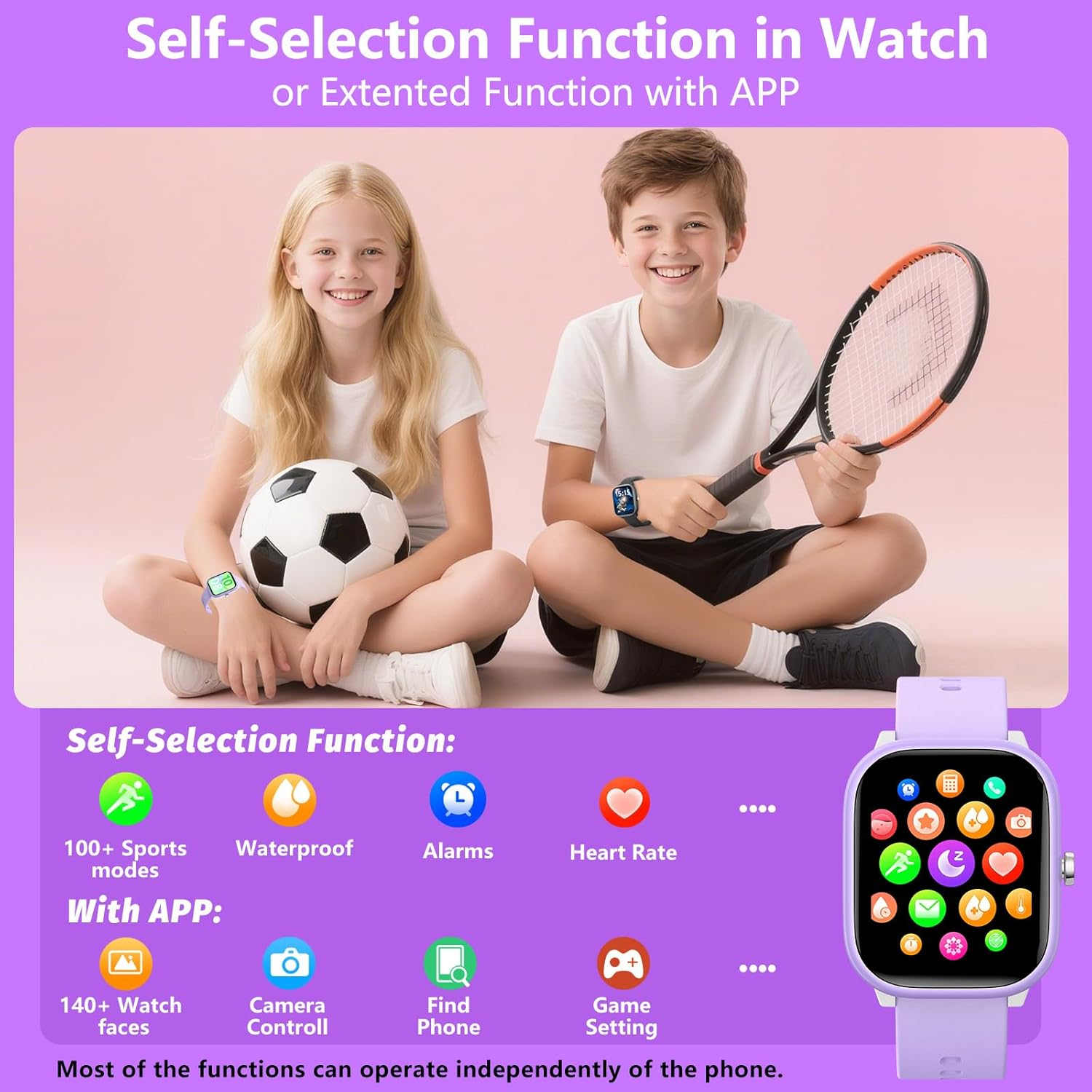 Kids Watch 1.8" for Girls Boys Ages 6-15 - Fitness Tracker, No Phone Needed, Pedometer, Sleep & Heart Rate Monitor, Waterproof, Puzzle Games - Purple