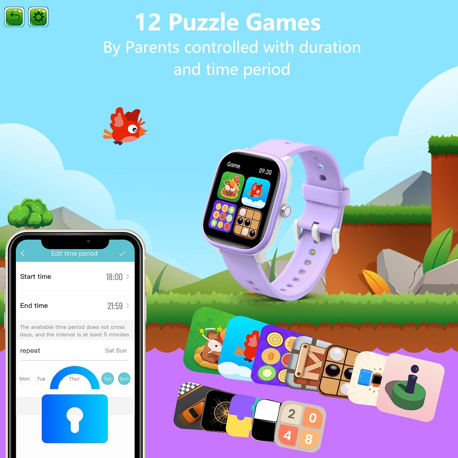 Kids Watch 1.8" for Girls Boys Ages 6-15 - Fitness Tracker, No Phone Needed, Pedometer, Sleep & Heart Rate Monitor, Waterproof, Puzzle Games - Purple