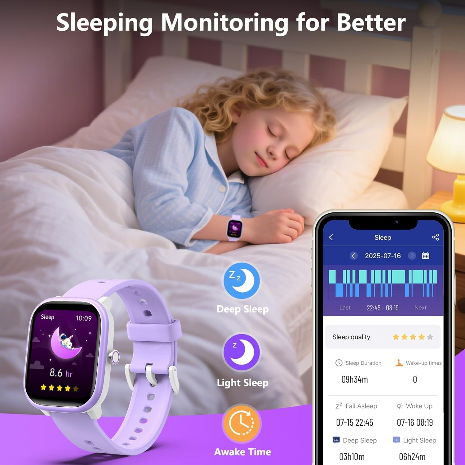 Kids Watch 1.8" for Girls Boys Ages 6-15 - Fitness Tracker, No Phone Needed, Pedometer, Sleep & Heart Rate Monitor, Waterproof, Puzzle Games - Purple