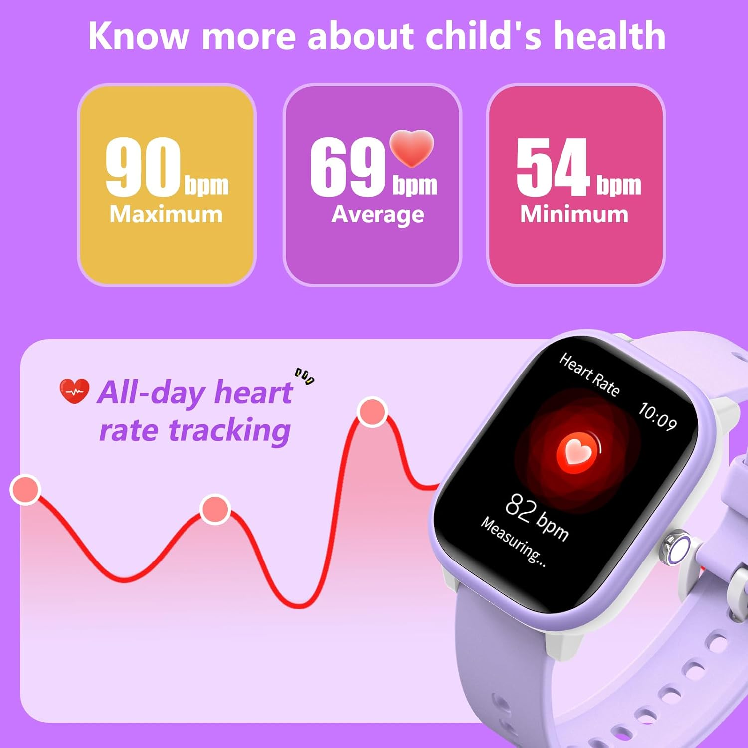Kids Watch 1.8" for Girls Boys Ages 6-15 - Fitness Tracker, No Phone Needed, Pedometer, Sleep & Heart Rate Monitor, Waterproof, Puzzle Games - Purple