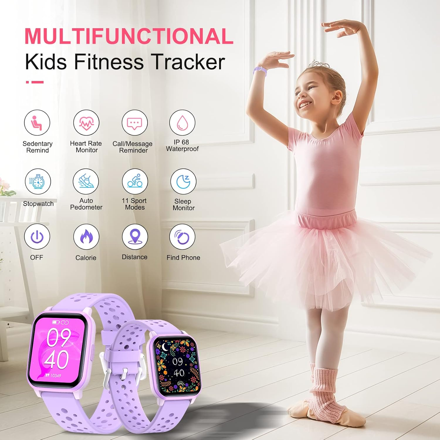 Kids Watch 1.8" for Girls Boys Ages 6-15 - Fitness Tracker, No Phone Needed, Pedometer, Sleep & Heart Rate Monitor, Waterproof, Puzzle Games - Purple