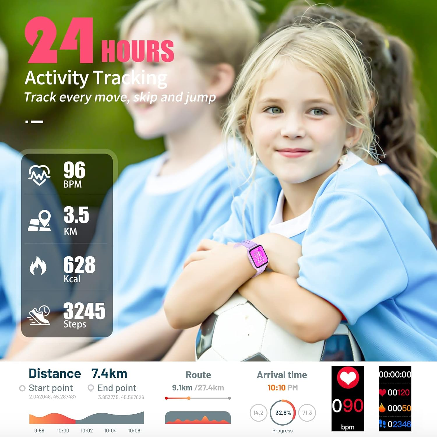 Kids Watch 1.8" for Girls Boys Ages 6-15 - Fitness Tracker, No Phone Needed, Pedometer, Sleep & Heart Rate Monitor, Waterproof, Puzzle Games - Purple