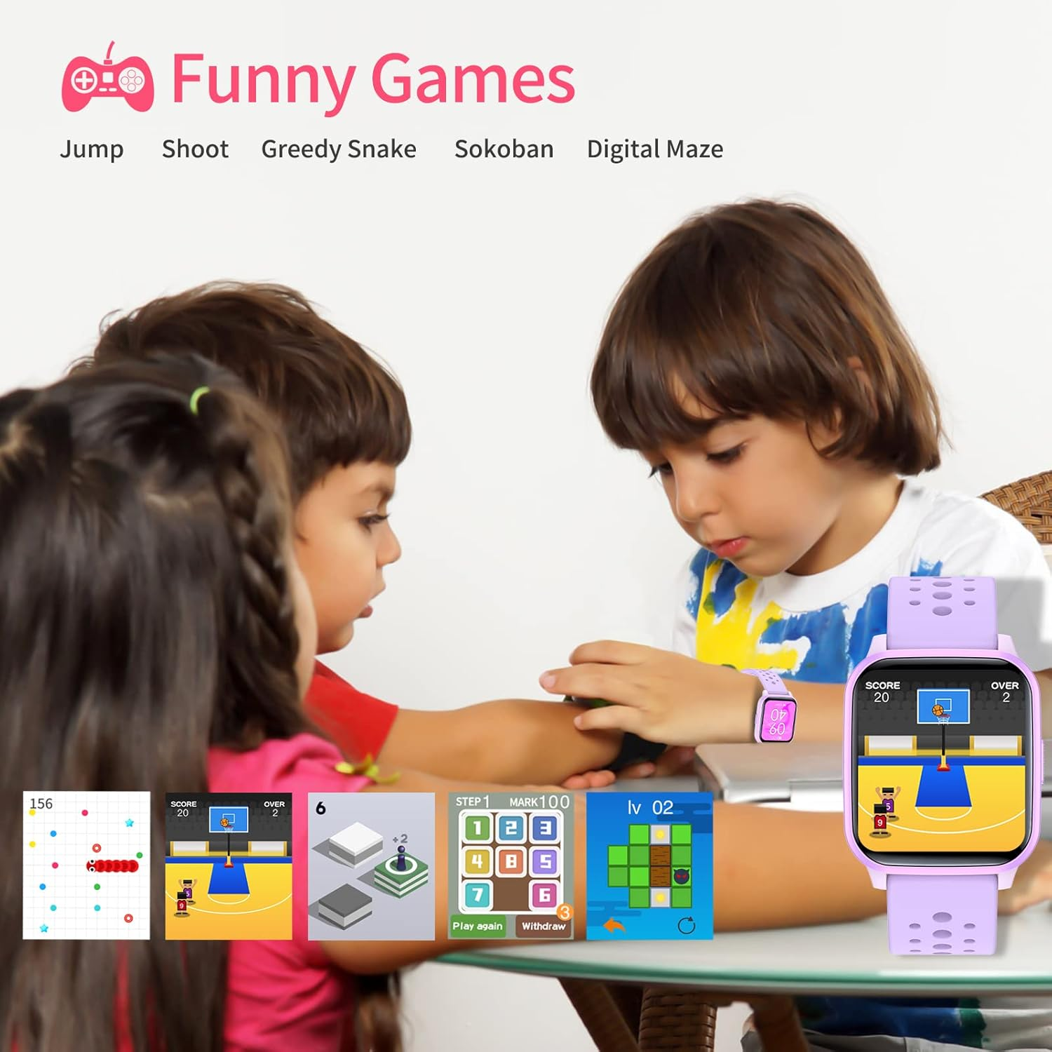 Kids Watch 1.8" for Girls Boys Ages 6-15 - Fitness Tracker, No Phone Needed, Pedometer, Sleep & Heart Rate Monitor, Waterproof, Puzzle Games - Purple