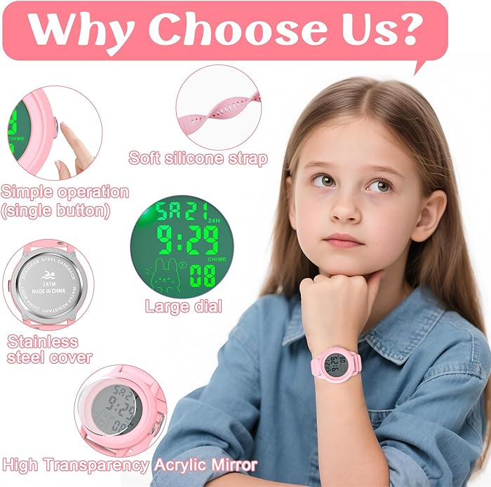 Edillas Kids Digital Watch 1.57" for Teen Girls - Sports Watch with Backlight, Timer, Countdown, Waterproof, Soft Silicone Band, Date & Alarm for Ages 7+