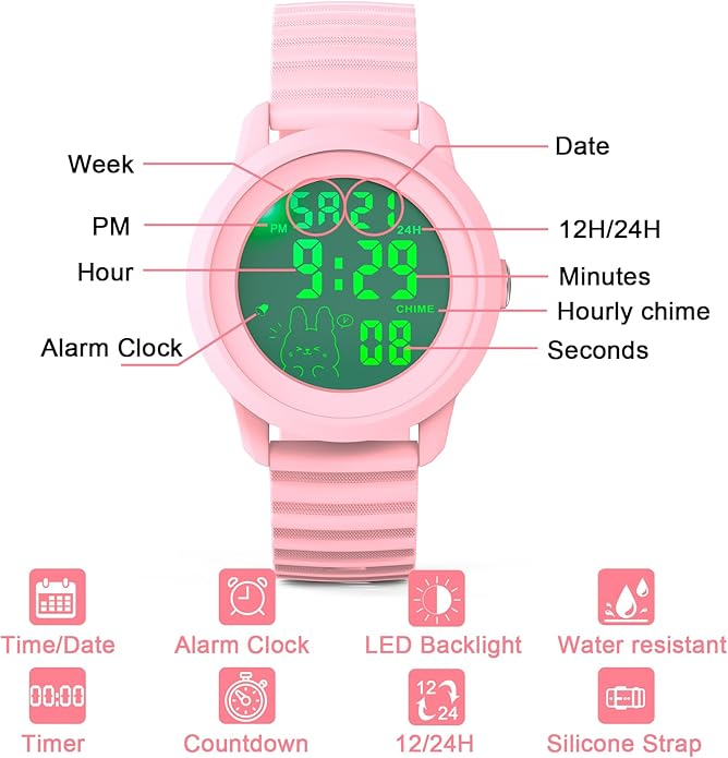 Edillas Kids Digital Watch 1.57" for Teen Girls - Sports Watch with Backlight, Timer, Countdown, Waterproof, Soft Silicone Band, Date & Alarm for Ages 7+