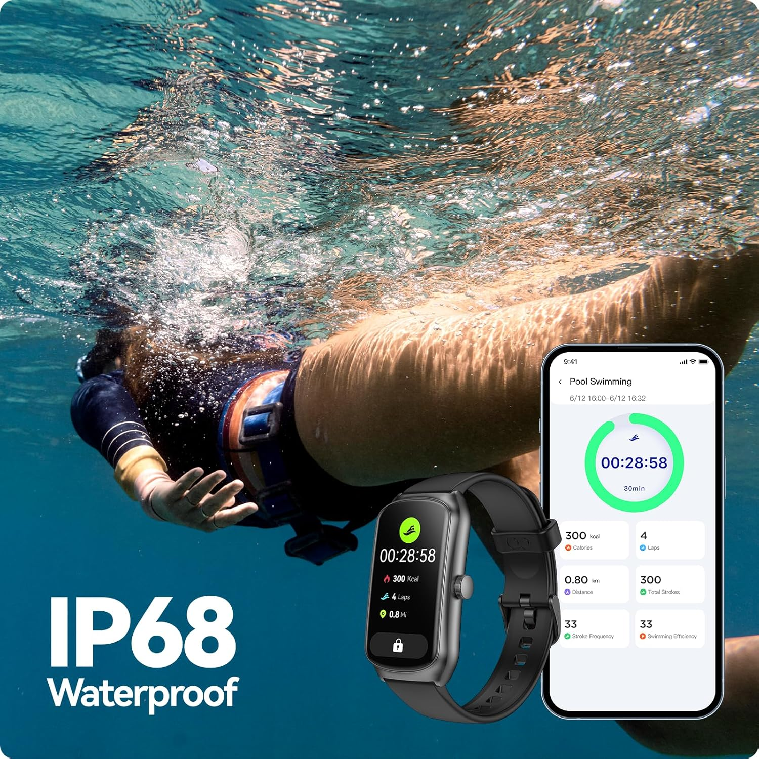 Anyloop AMOLED Fitness Tracker Watch - 24/7 Heart Rate SpO2 Sleep Monitor, IP68 Waterproof, Step Calorie Counter, Swimming Activity Tracker - Green