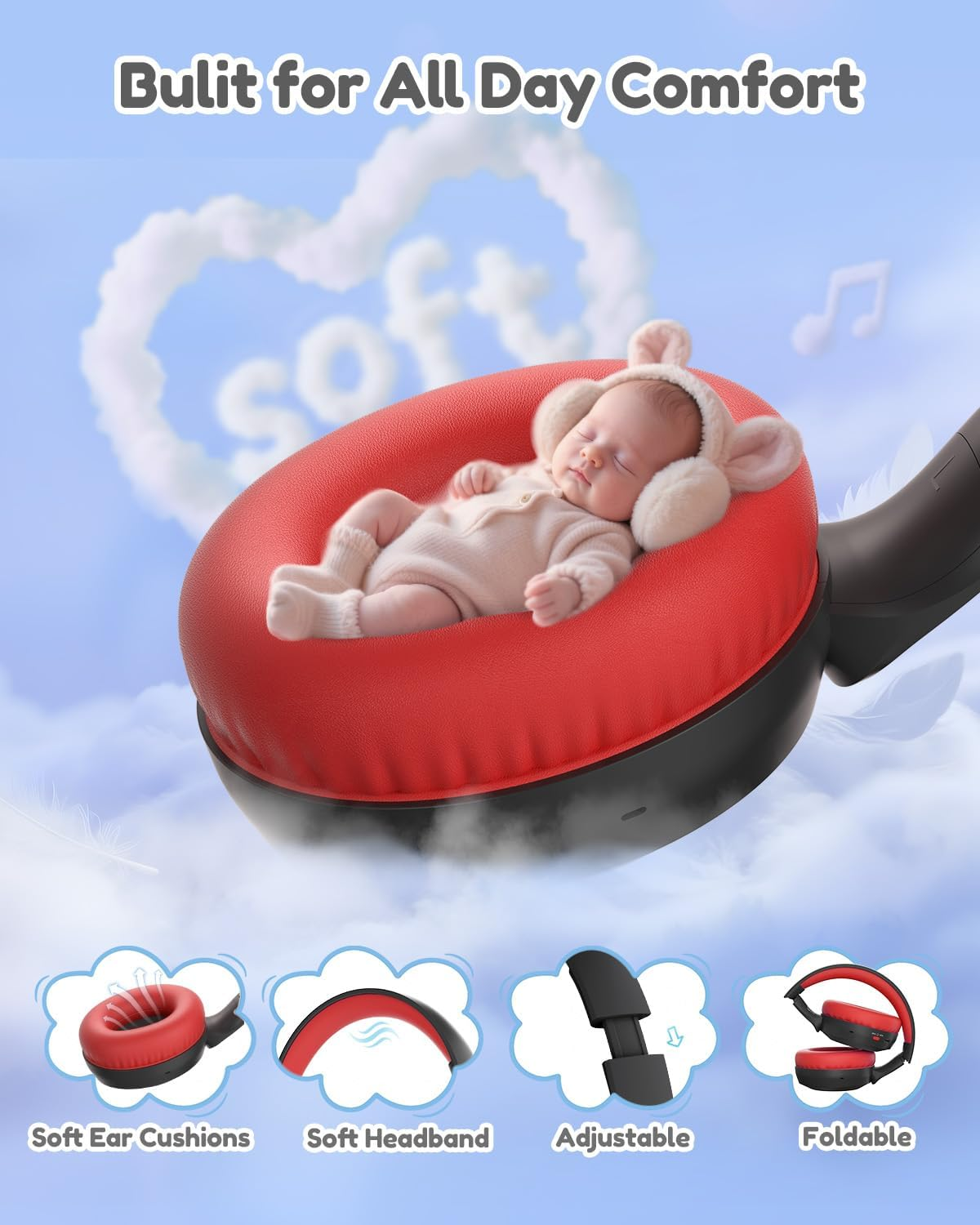 Kids Bluetooth Headphones - 85/94dB Volume Limited, 60H Playtime, Bluetooth 6.0 Wireless Over-Ear Headphones for Toddlers