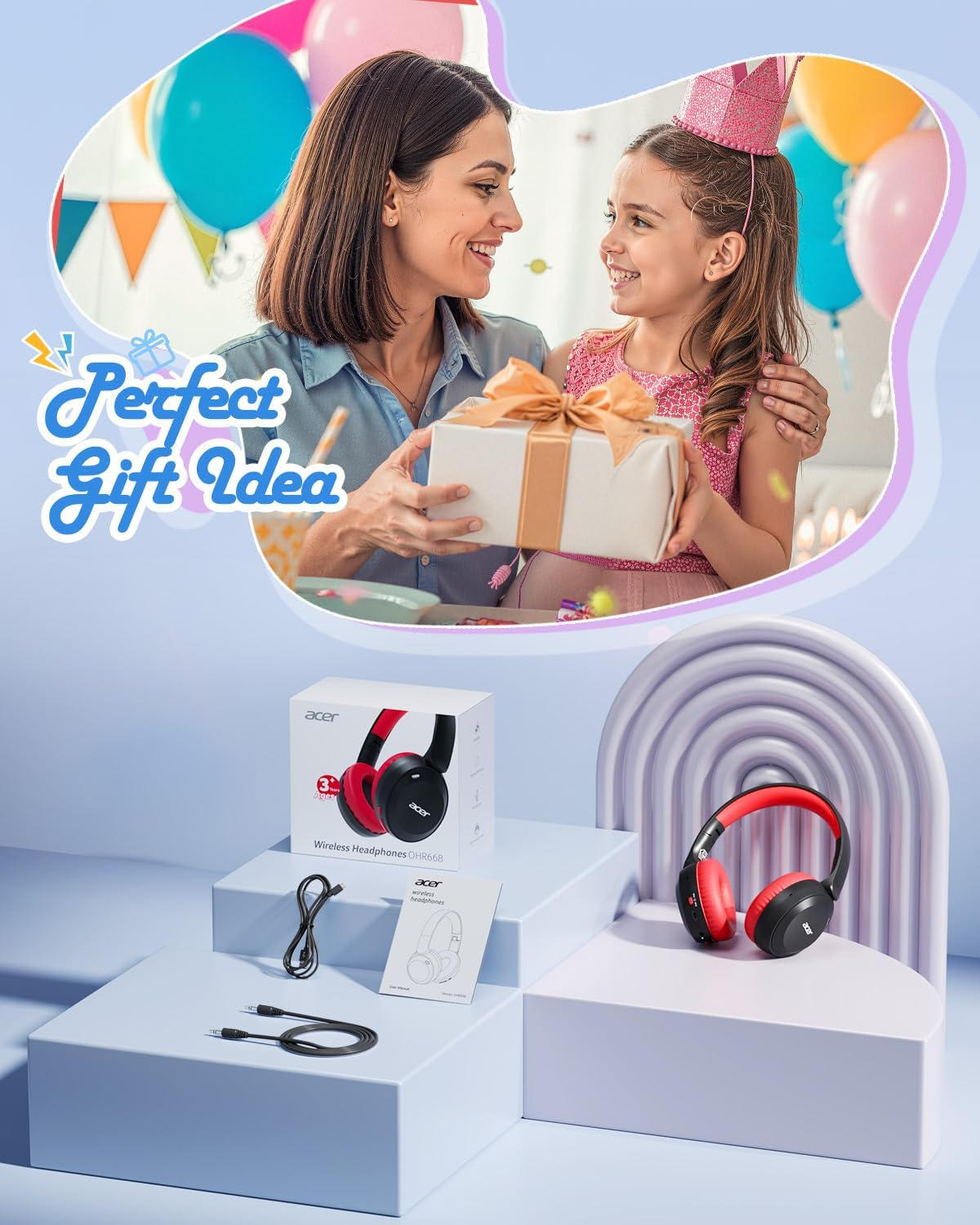 Kids Bluetooth Headphones - 85/94dB Volume Limited, 60H Playtime, Bluetooth 6.0 Wireless Over-Ear Headphones for Toddlers