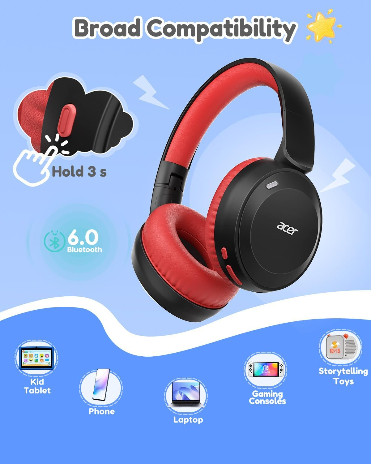 Kids Bluetooth Headphones - 85/94dB Volume Limited, 60H Playtime, Bluetooth 6.0 Wireless Over-Ear Headphones for Toddlers