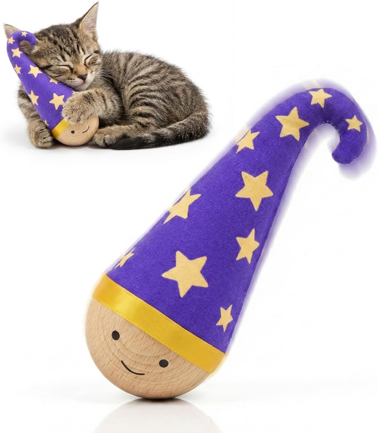Lulu's World Wooden Interactive Cat Toy with Catnip - Nienie Tumbler Wobble Toy for Indoor Cats, Self-Righting Chaser with Wizard Hat & Stars (Purple)