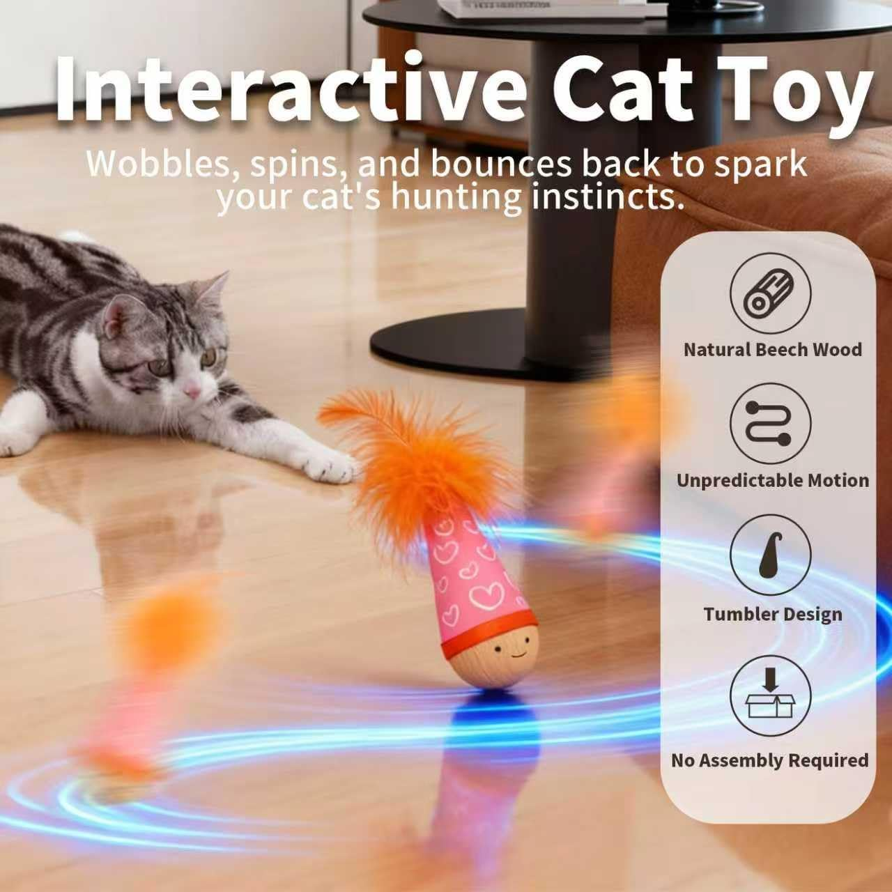 Lulu's World Wooden Interactive Cat Toy with Catnip - Nienie Tumbler Wobble Toy for Indoor Cats, Self-Righting Chaser with Wizard Hat & Stars (Purple)