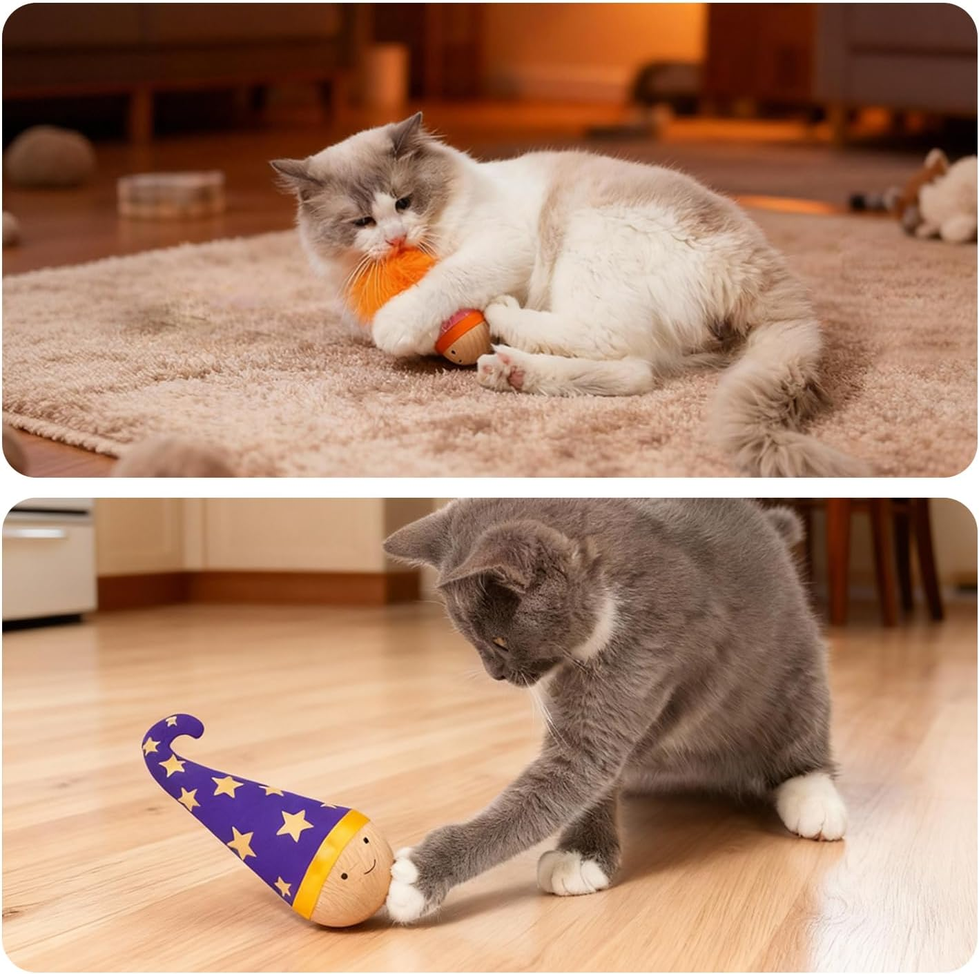 Lulu's World Wooden Interactive Cat Toy with Catnip - Nienie Tumbler Wobble Toy for Indoor Cats, Self-Righting Chaser with Wizard Hat & Stars (Purple)