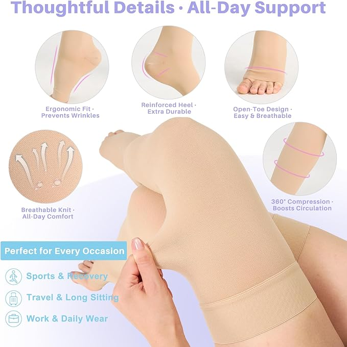 20-30 mmHg Thigh High Compression Stockings for Women - Open Toe with Stay-Up Dot-Top for Varicose Veins, DVT, Swelling, Pregnancy & Travel