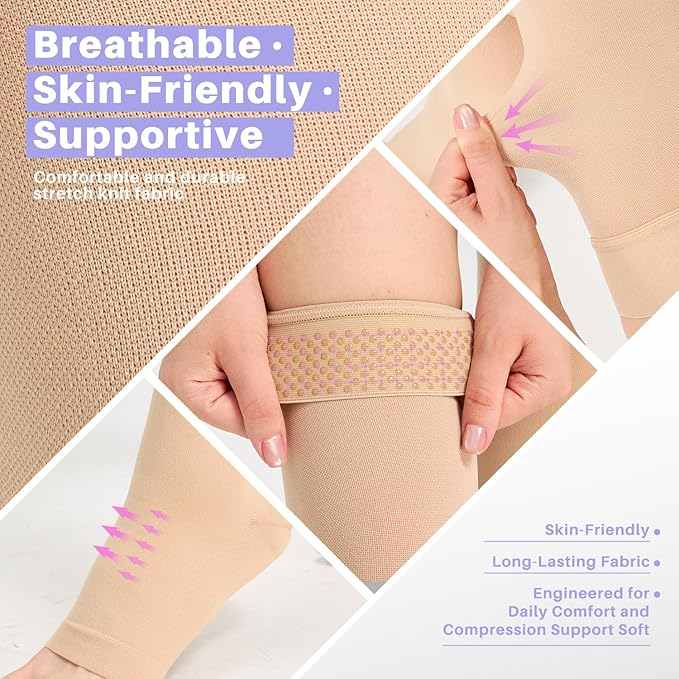 20-30 mmHg Thigh High Compression Stockings for Women - Open Toe with Stay-Up Dot-Top for Varicose Veins, DVT, Swelling, Pregnancy & Travel
