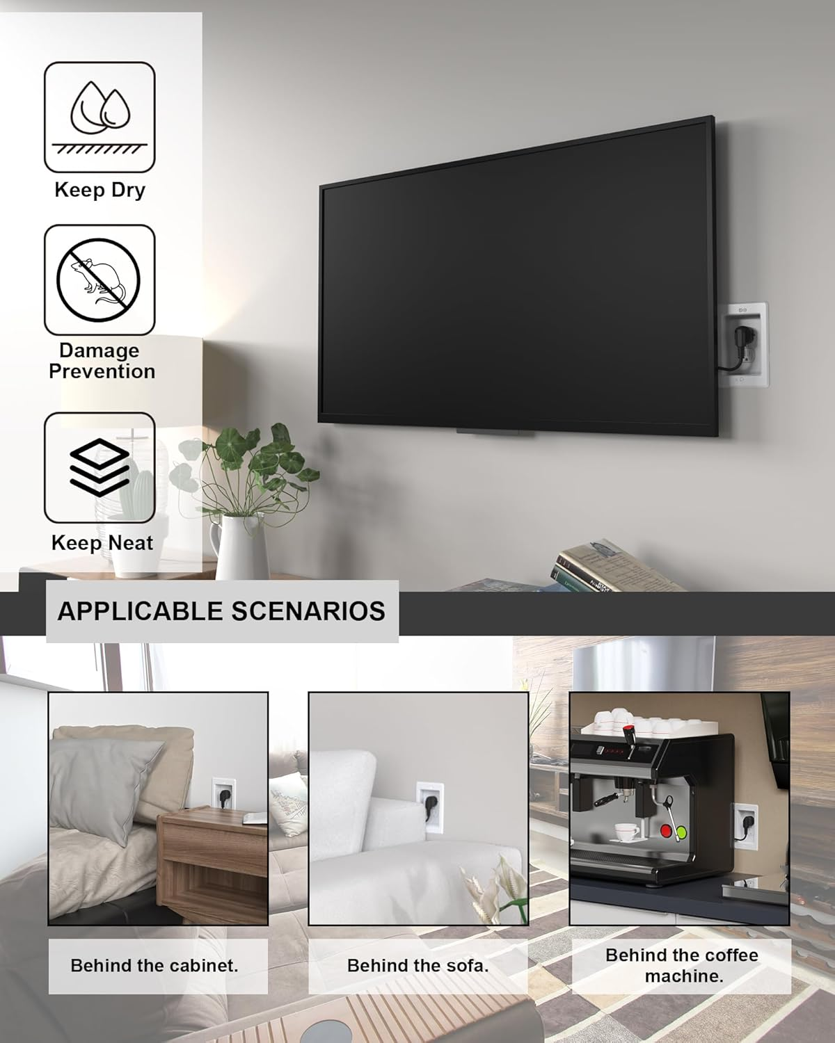 VFR1W-1 Recessed Electrical Outlet Box Wall Plate Kit - Single Gang for TV, Tablet & Appliances, GFCI Compatible, White (1 Pack)