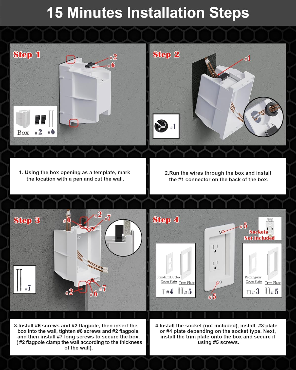 VFR1W-1 Recessed Electrical Outlet Box Wall Plate Kit - Single Gang for TV, Tablet & Appliances, GFCI Compatible, White (1 Pack)
