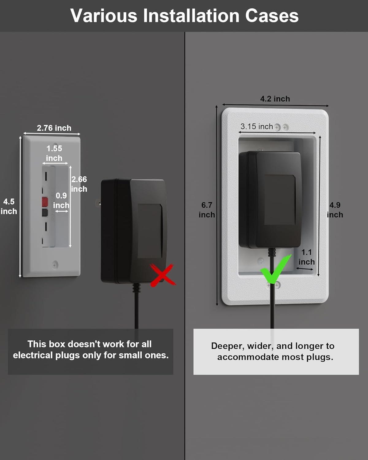 VFR1W-1 Recessed Electrical Outlet Box Wall Plate Kit - Single Gang for TV, Tablet & Appliances, GFCI Compatible, White (1 Pack)