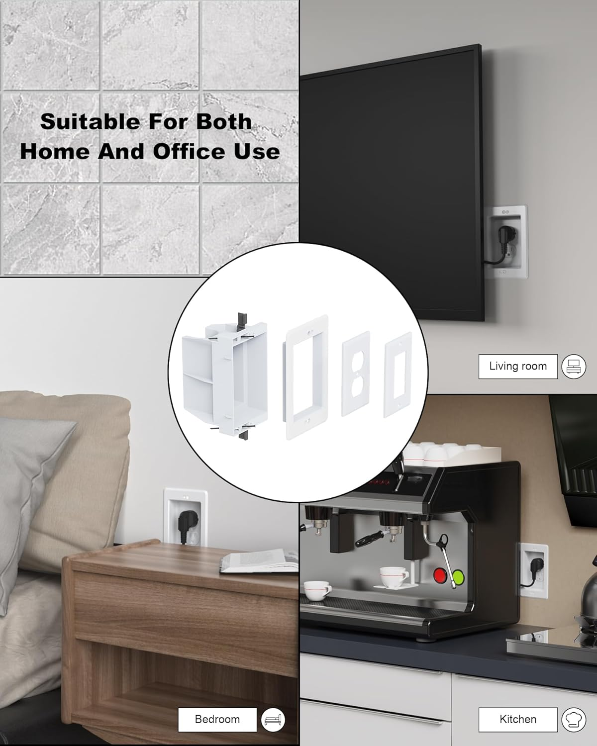 VFR1W-1 Recessed Electrical Outlet Box Wall Plate Kit - Single Gang for TV, Tablet & Appliances, GFCI Compatible, White (1 Pack)