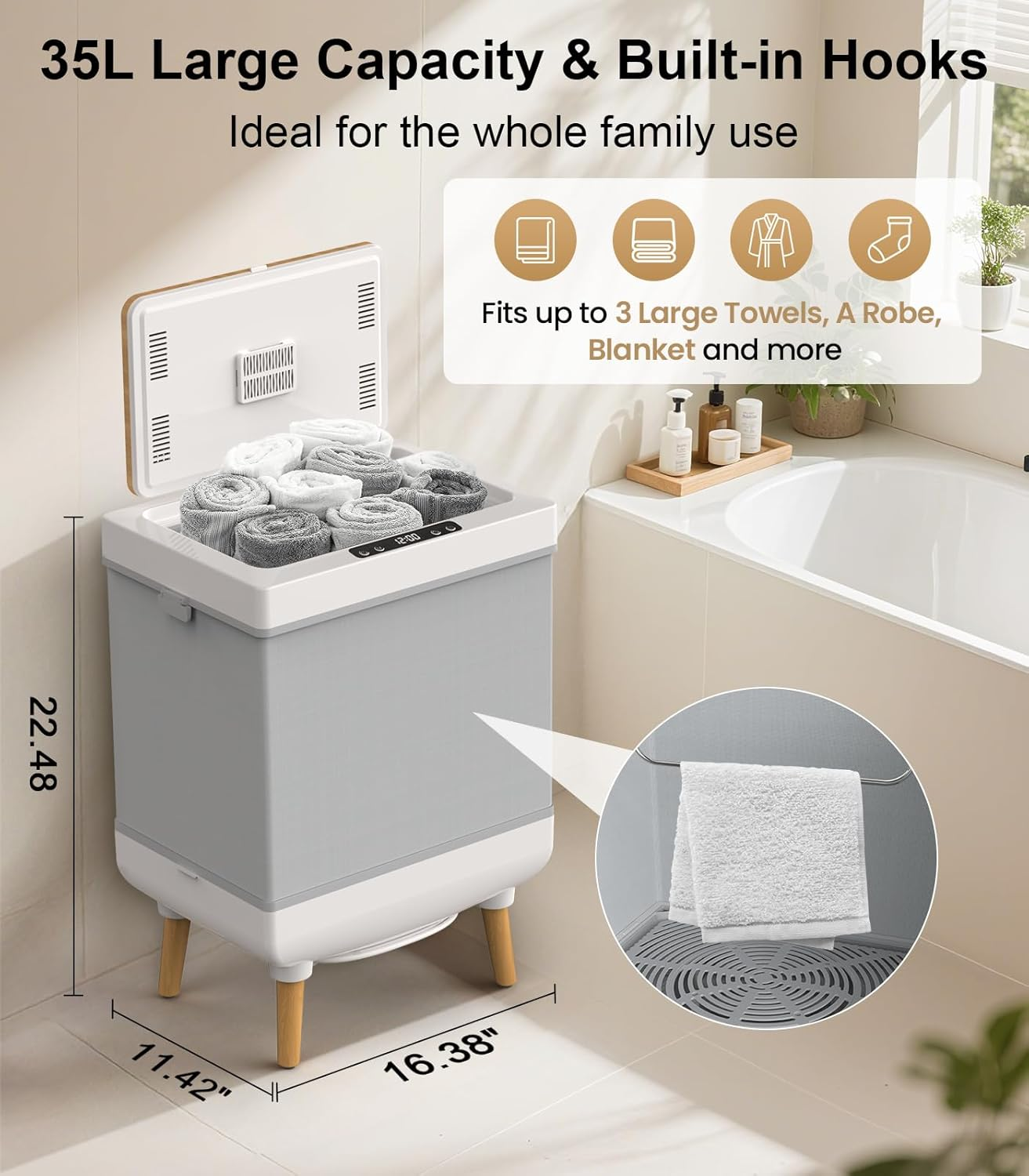 Towel Warmer 35L Folding Hot Towel Warmer for Bathroom - Heating & Drying Modes, Timer, LED Display, Fits Two 70" Towels