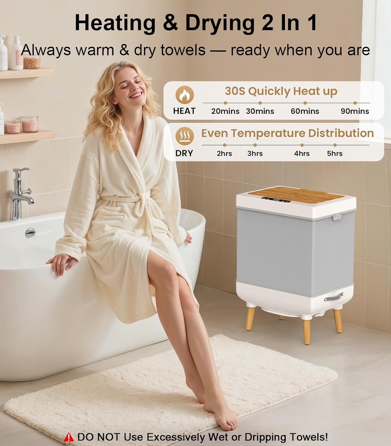 Towel Warmer 35L Folding Hot Towel Warmer for Bathroom - Heating & Drying Modes, Timer, LED Display, Fits Two 70" Towels