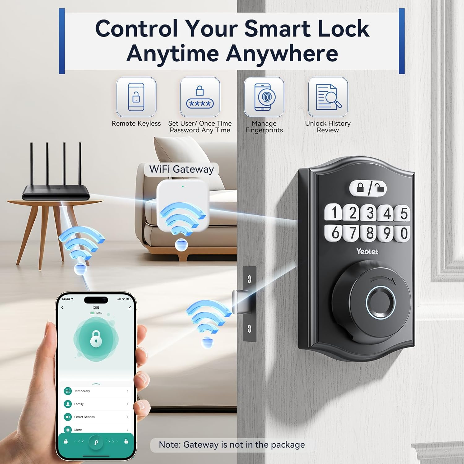 Fingerprint Door Lock with App Control - Keyless Entry Smart Deadbolt for Front Door with Anti-Peeping Password & Auto-Lock