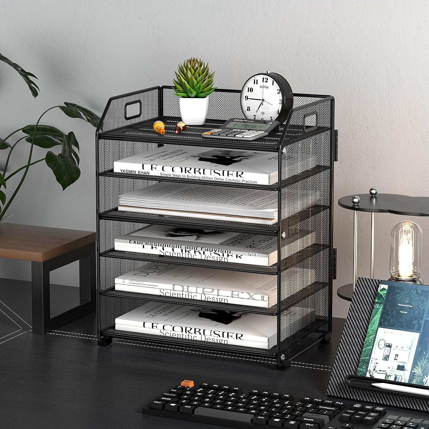 Handimp 6-Tier Metal Paper Organizer - Black Letter Tray Desktop File Folder Stand for Office & Home