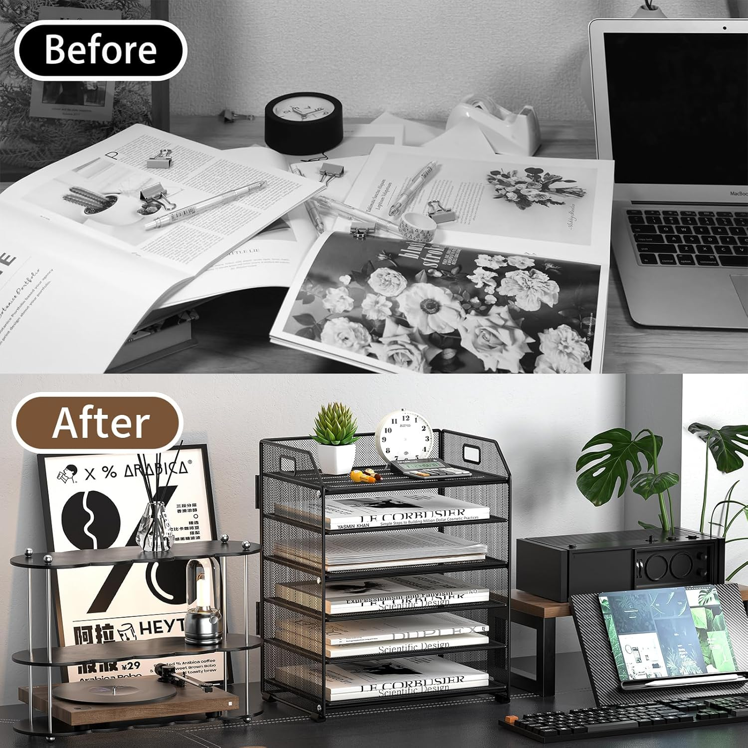 Handimp 6-Tier Metal Paper Organizer - Black Letter Tray Desktop File Folder Stand for Office & Home