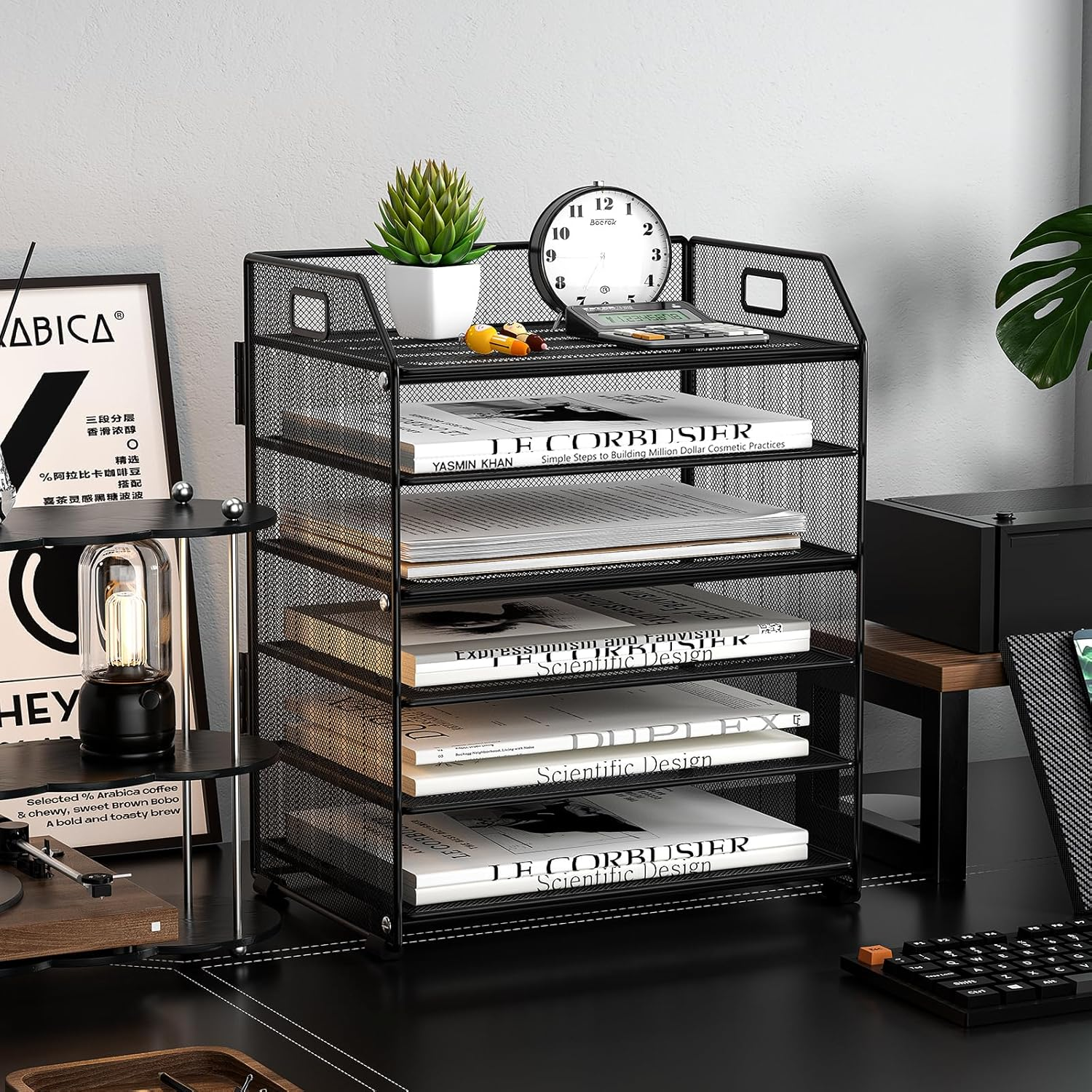 Handimp 6-Tier Metal Paper Organizer - Black Letter Tray Desktop File Folder Stand for Office & Home