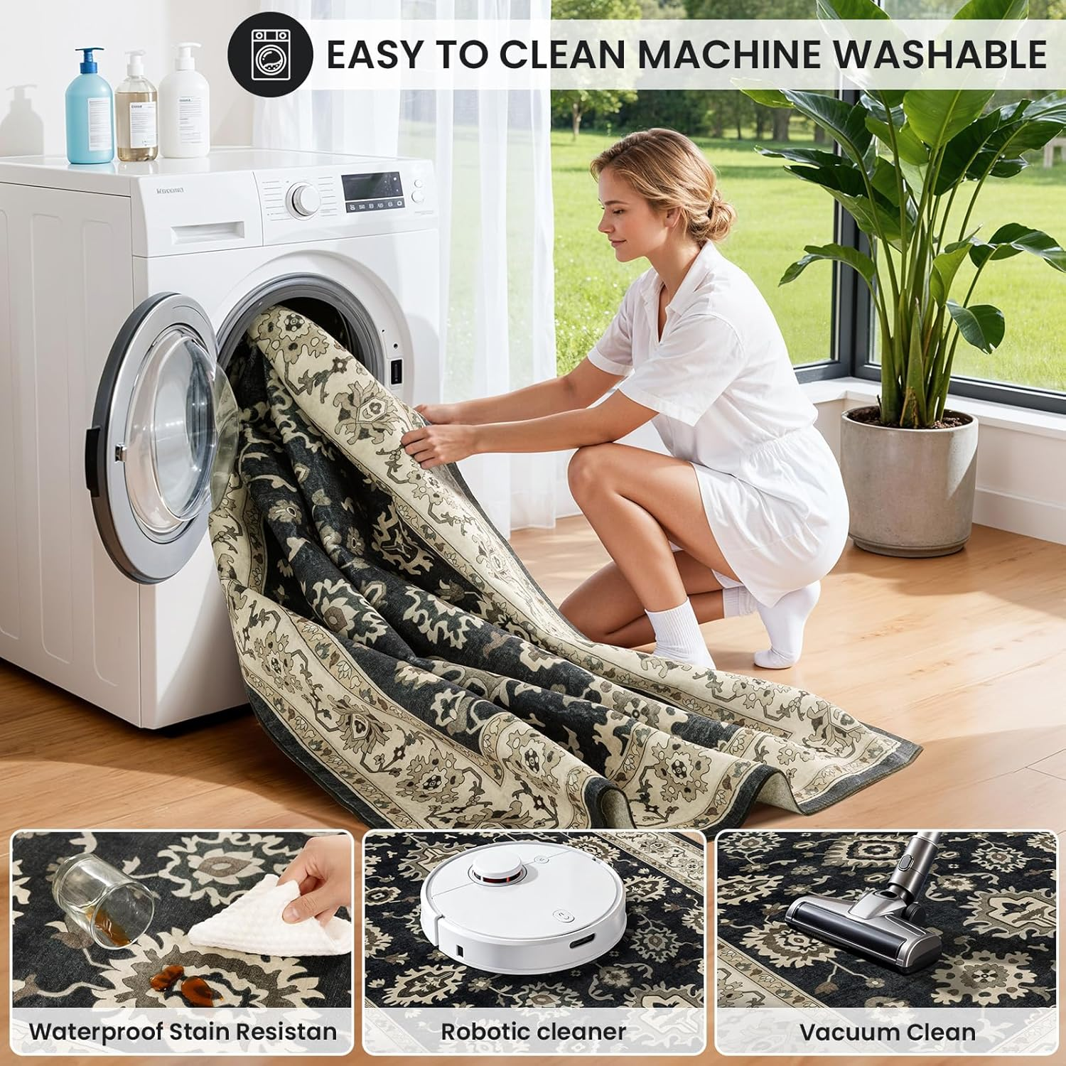 Uqocnh 3x5 Entryway Rug - Dark Boho Rug with Non-Slip Backing, Ultra Soft Low Pile Carpet, Machine Washable & Stain Resistant for Living Room, Bedroom