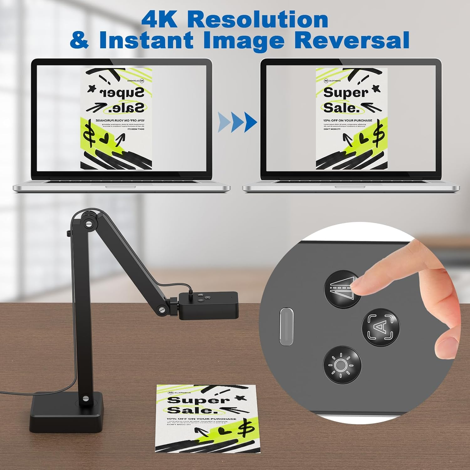 8MP Ultra HD Document Camera for Teachers - USB-C Doc Cam with Auto Focus & Dual Mic, Foldable A3 Overhead Scanner with LED Light