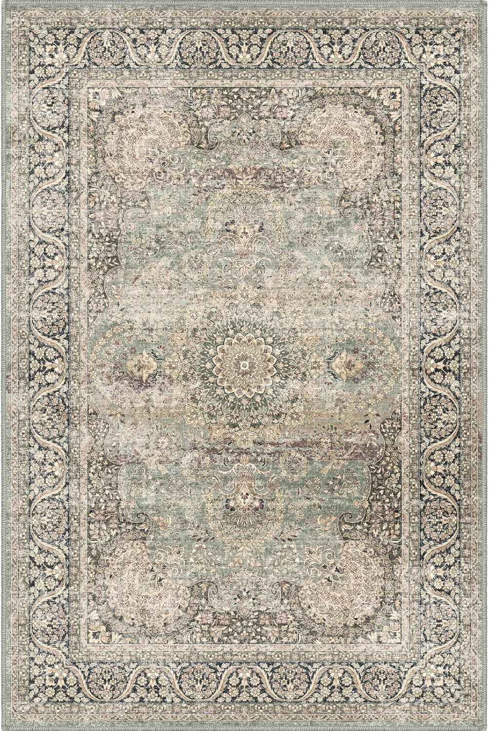 Area Rug 2x3 Distressed Small Entryway Rug Vintage Doormat Faux Wool Non-Slip Washable Low-Pile Floor Carpet for Indoor Front Entrance Kitchen Bathroom