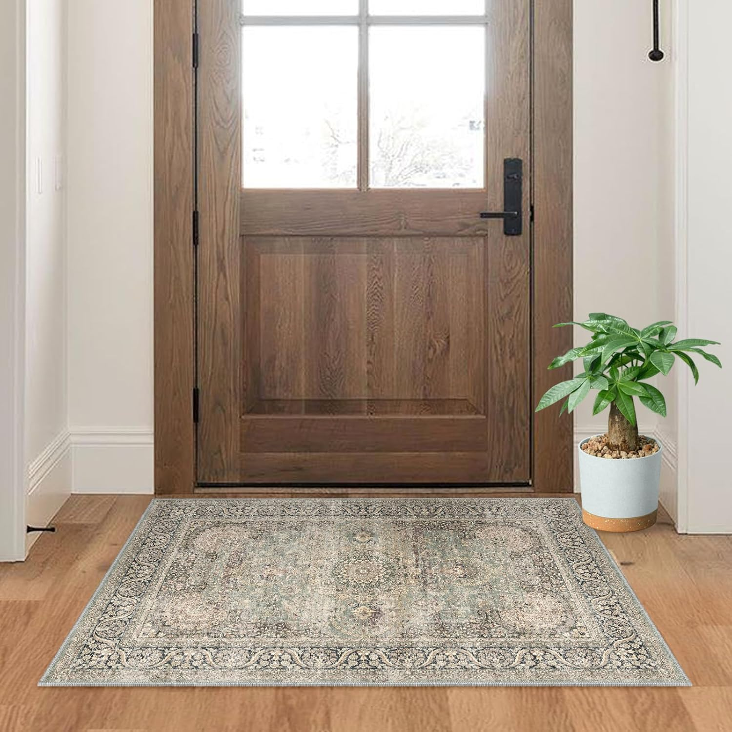 Area Rug 2x3 Distressed Small Entryway Rug Vintage Doormat Faux Wool Non-Slip Washable Low-Pile Floor Carpet for Indoor Front Entrance Kitchen Bathroom