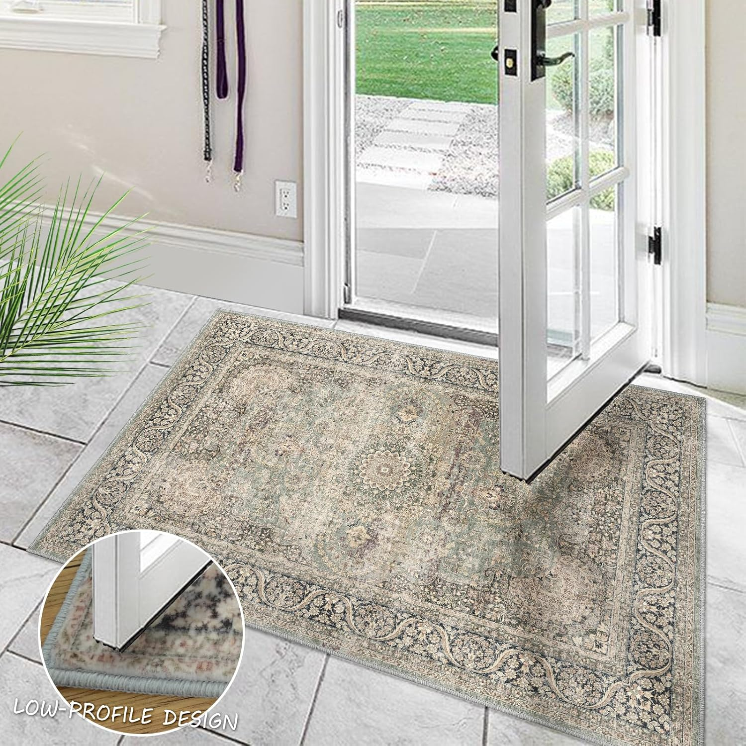 Area Rug 2x3 Distressed Small Entryway Rug Vintage Doormat Faux Wool Non-Slip Washable Low-Pile Floor Carpet for Indoor Front Entrance Kitchen Bathroom