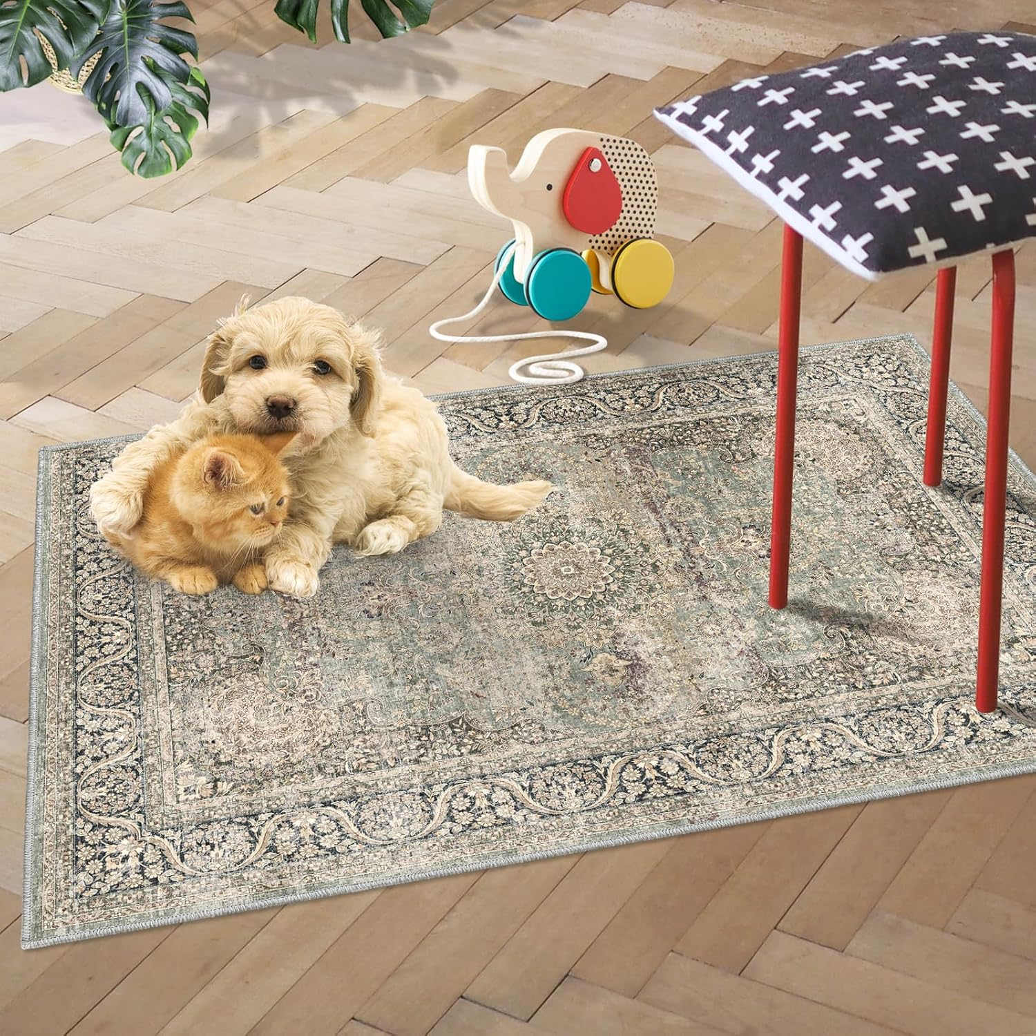 Area Rug 2x3 Distressed Small Entryway Rug Vintage Doormat Faux Wool Non-Slip Washable Low-Pile Floor Carpet for Indoor Front Entrance Kitchen Bathroom