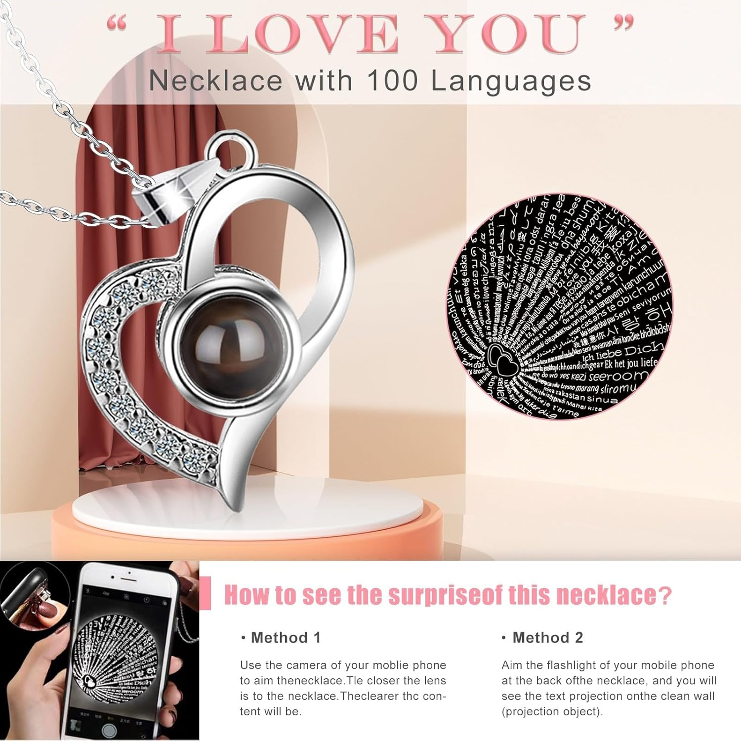 Preserved Real Rose with I Love You Necklace 100 Languages - Romantic Gift for Girlfriend Wife Mom