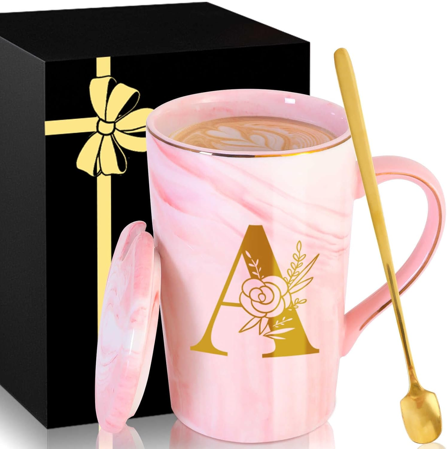 Personalized Ceramic Women Coffee Mug with Lid - Large Pink Customized Tea Cup Gift for Her Wife Mom Grandma