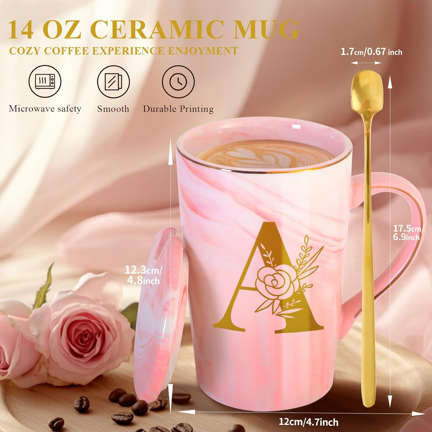 Personalized Ceramic Women Coffee Mug with Lid - Large Pink Customized Tea Cup Gift for Her Wife Mom Grandma