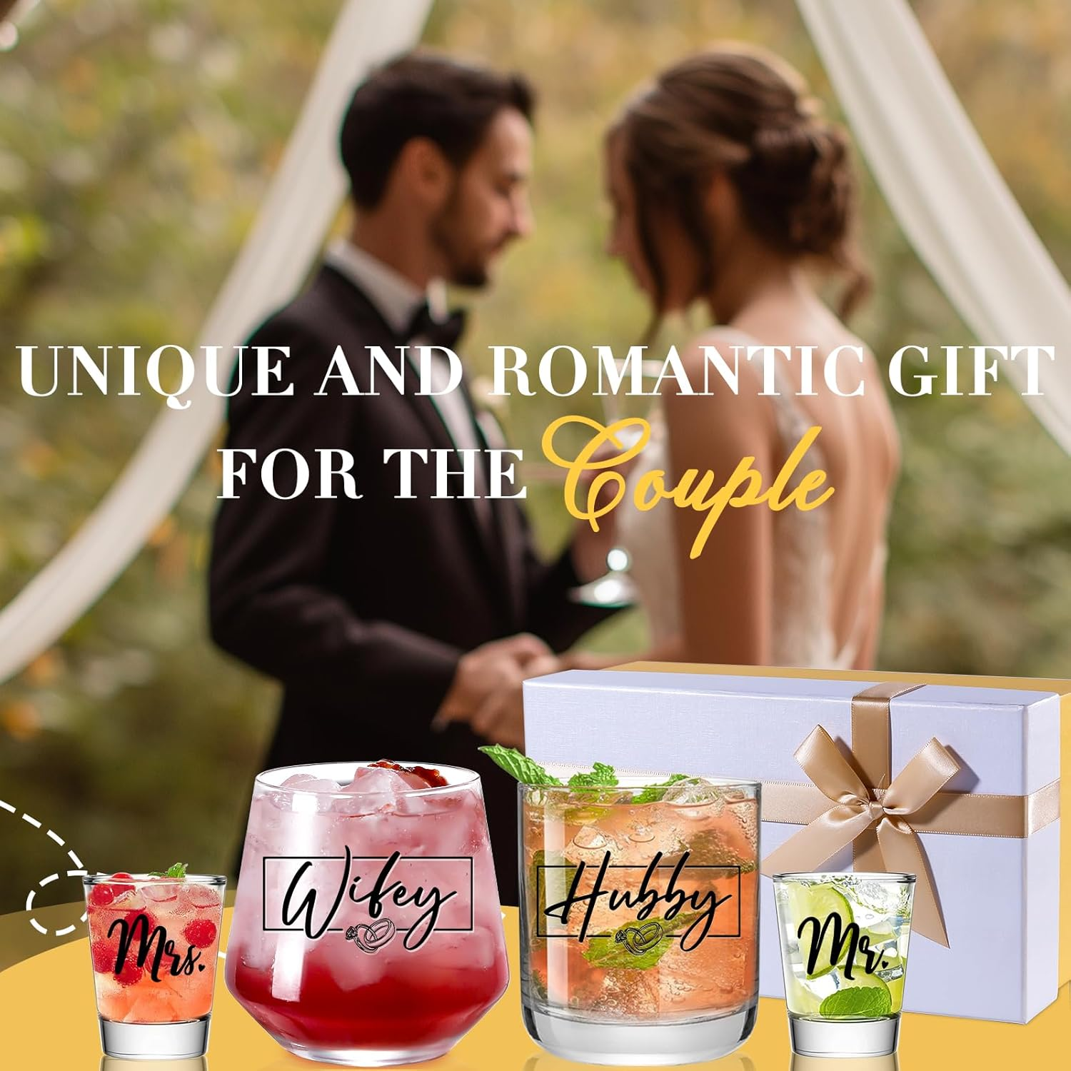 Gifts for Couples 2026 - Mr and Mrs Shot Glass Set His and Hers Hubby Wifey Anniversary Valentines Gift