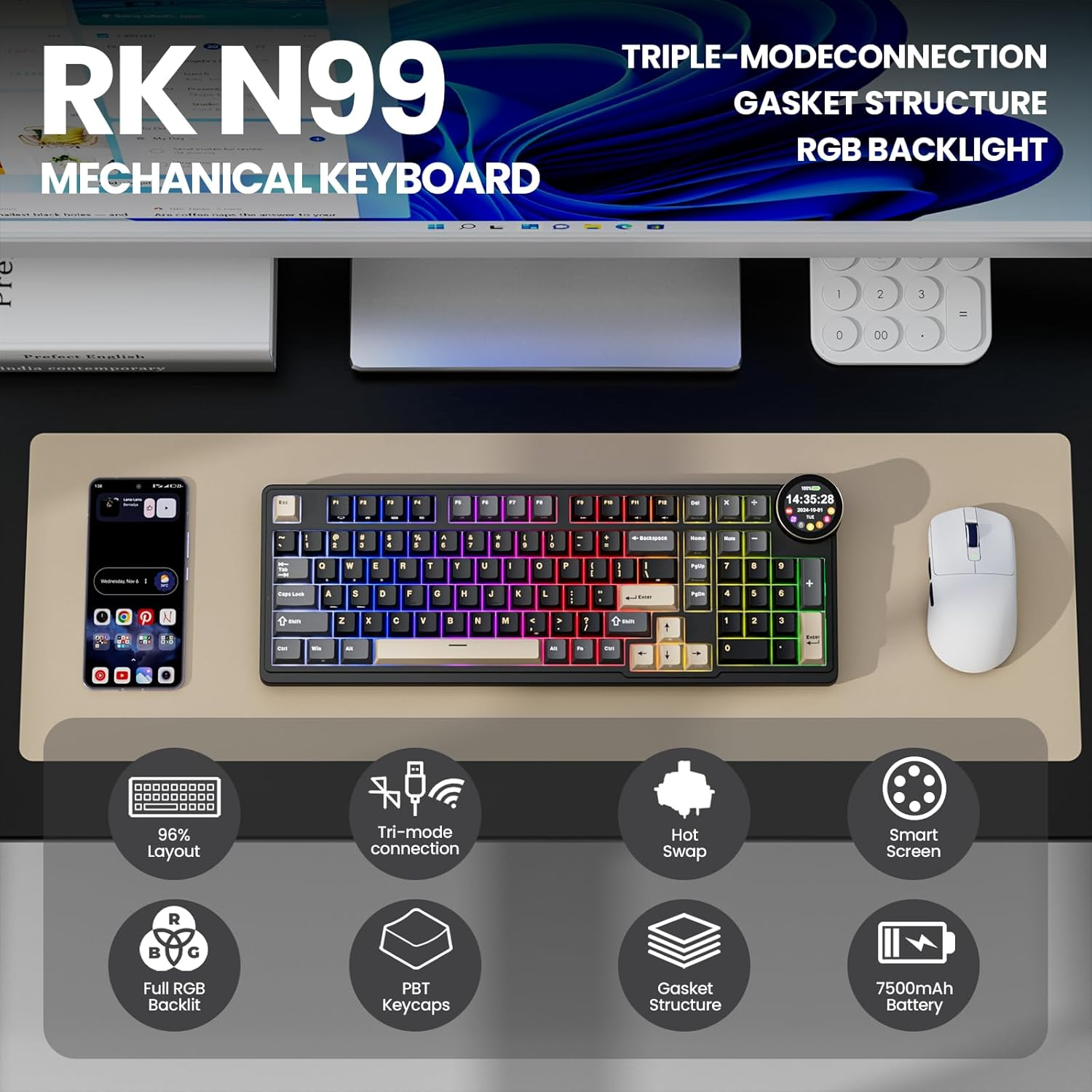 N99 Wireless Mechanical Keyboard - Smart Display Screen & Knob - 96% Hot Swappable RGB Gaming Keyboard - BT/2.4G/USB-C - RK ROYAL KLUDGE