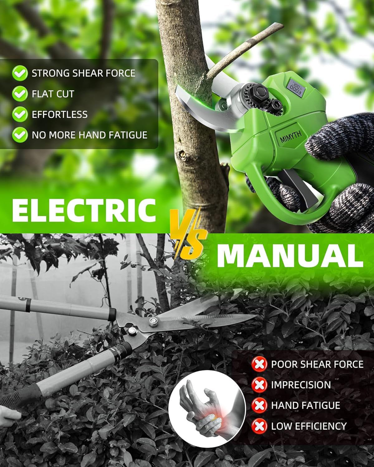 Cordless Electric Pruning Shears - 1.4" Cut, Brushless Motor, 1 Battery & LCD Display