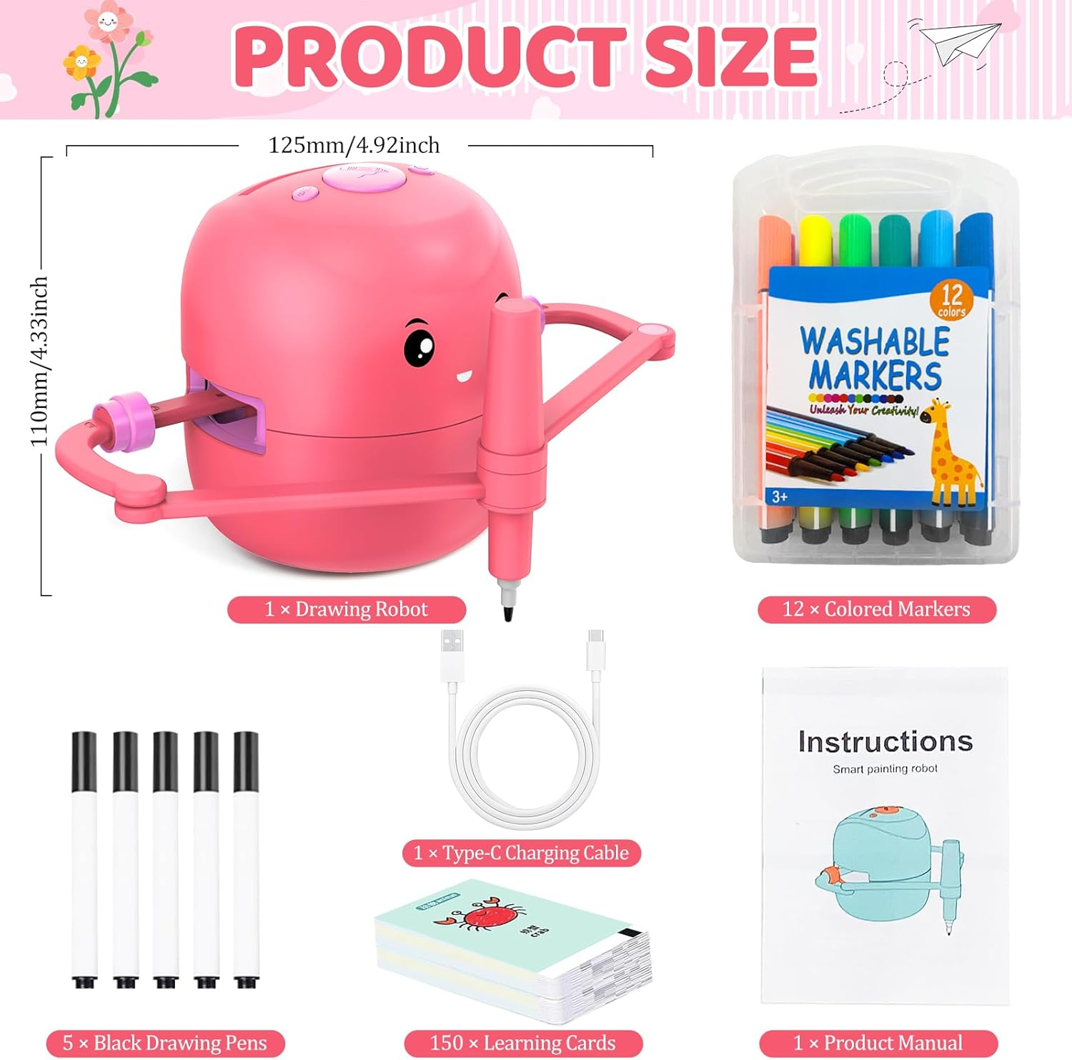 Drawing Robot for Kids with 150 Learning Cards & 17 Colorful Pens - Voice Interactive Educational Smart Art Painting Machine with Step-by-Step Guidance for Boys Girls STEM Toys